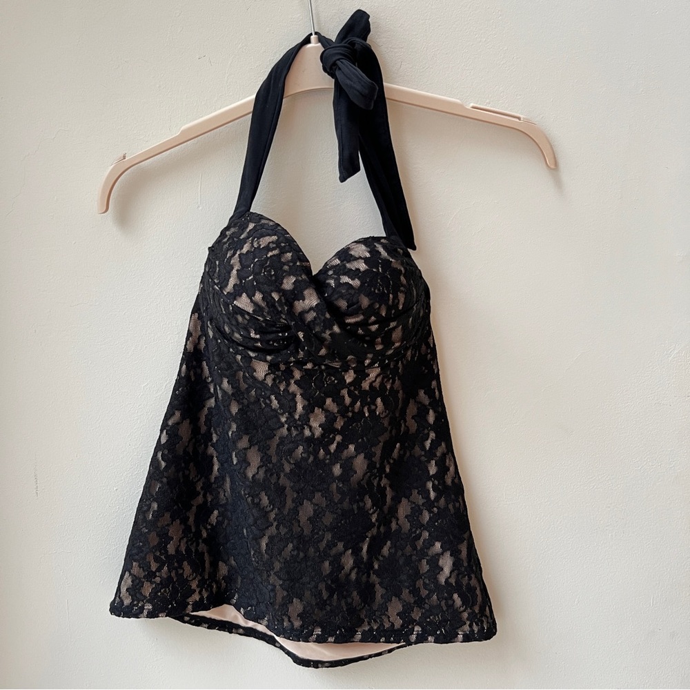 Victoria's Secret Top halter Floral Lace Miraculous Bra Push-up Black Tan 34B